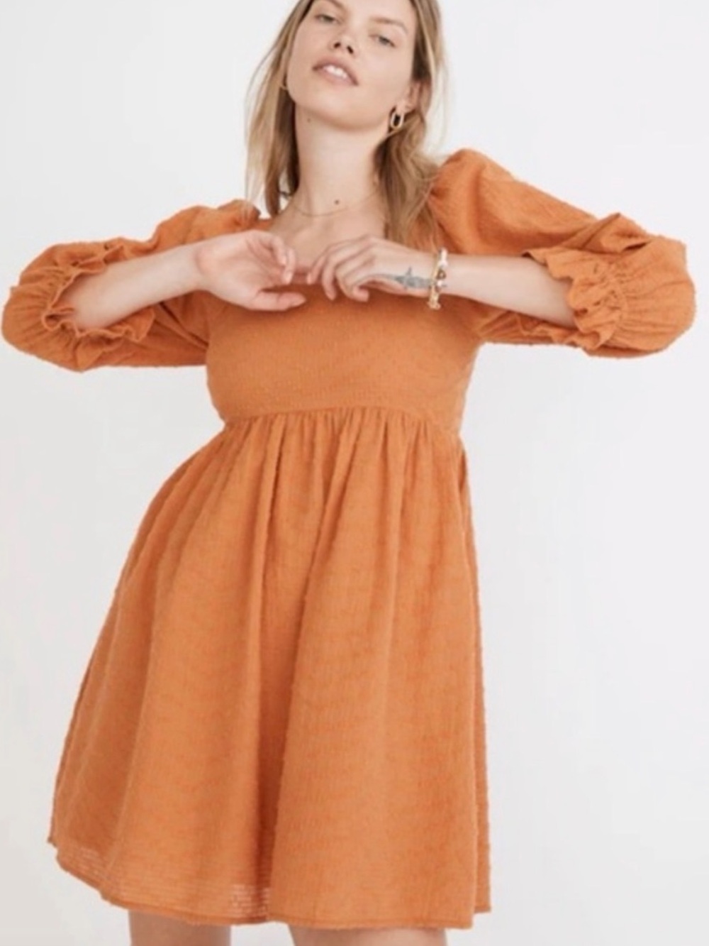 Madewell Women’s Orange Smocked Puff-Sleeve Dress